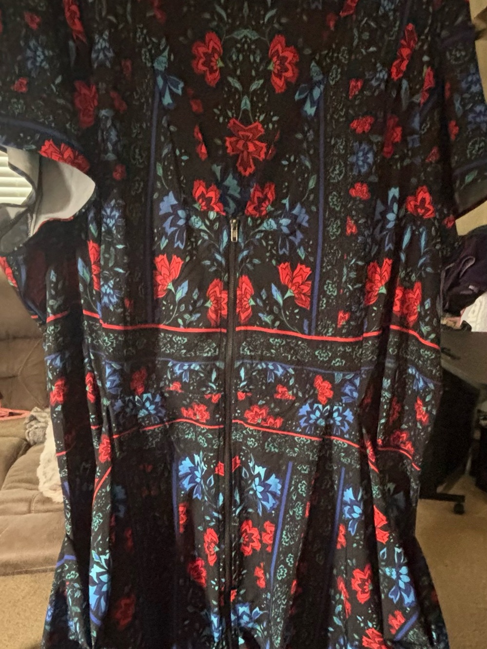 Midi Dress with Red & Blue Floral Print and Front Zip